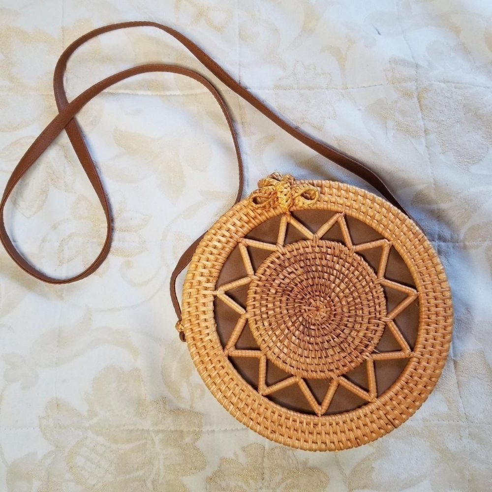 Round Woven Tan Crossbody Bag